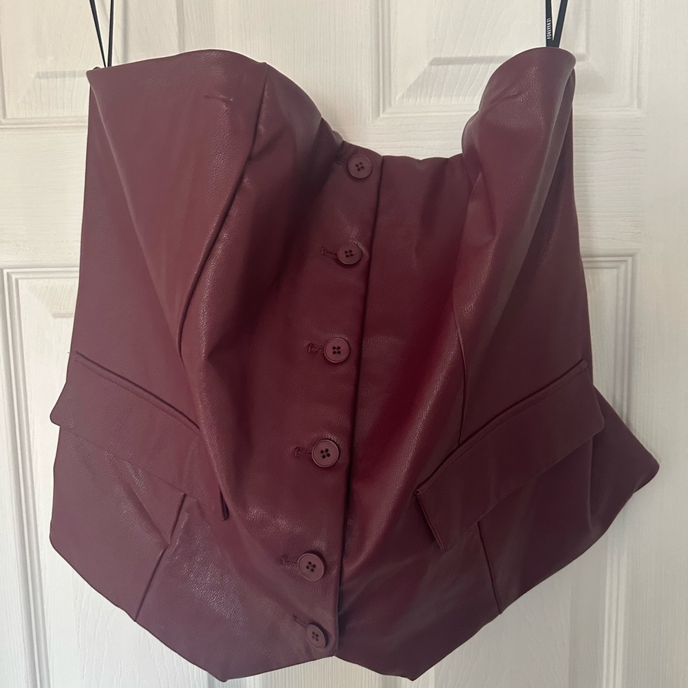 Burgundy Strapless Button-Up Top